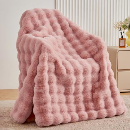 Faux Fur Throw Blanket for Couch - Fluffy Soft Thick Bubble Blanket for Living Room Home Decor - Mothers Day Birthday Gifts for Women, Dusty Pink, 51" x 63"