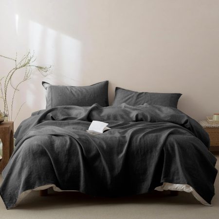 100% French Pure Linen Sheets Set King Size,Oeko-TEX Certified Bedding, All-Season Breathable for Hot Sleepers,16 Inch Deep Pocket Machine Washable 4-Piece (Dark Grey)