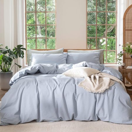 Bedding Duvet Cover Set 100% Washed Cotton Linen Like Textured Breathable Durable Soft Comfy (Heathered Cornflower Blue, Queen 90"x90")