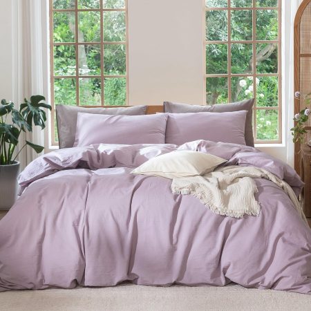 Bedding Duvet Cover Set 100% Washed Cotton Linen Like Textured Breathable Durable Soft Comfy (Heathered Light Purple, Queen 90"x90")
