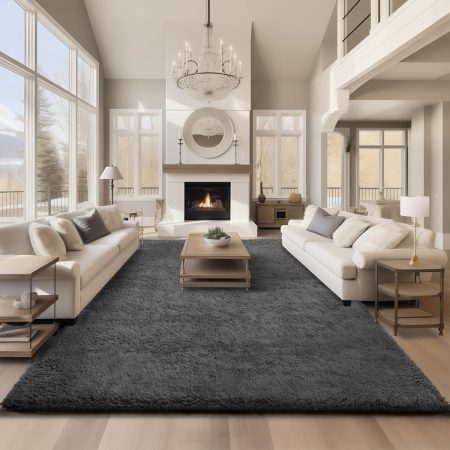 Area Rugs 9x12 Living Room, Large Grey Bedroom Carpet, Big Shag Indoor Thick Soft Nursery Rug, Gray Fluffy Carpets for Boy and Girls Room Dorm Home Decor Aesthetic