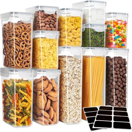 16 Pack Airtight Food Storage Container Set, BPA Free Kitchen Pantry Organization, Kitchen Canisters for Cereal, Spaghetti, includes 24 Reusable Sticker Labels