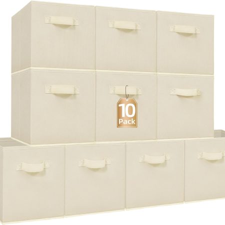 Storage Cubes, 11 Inch Collapsible Storage Bins with Handles, 10 Pack Fabric Foldable Bins for Organization, Durable Storage Bins for Closet, Shelves, Offices, Toys, 10-Pack Beige