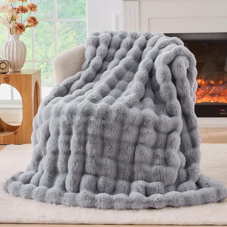 Fluffy Faux Fur Throw Blanket for Couch, Soft Plush Thick Cozy Fuzzy Luxury Minky Bubble Blanket for Home Living Room Decor Gift for Women, Light Grey, 51" x 63", 1100GSM