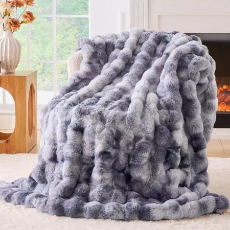 Fluffy Faux Fur Throw Blanket for Couch - Soft, Plush, Thick, Cozy, Fuzzy Luxury Minky Bubble Blanket for Home Living Room Decor, Gifts for Women, Tie-dye Light Grey, 51" x 63", 1100GSM