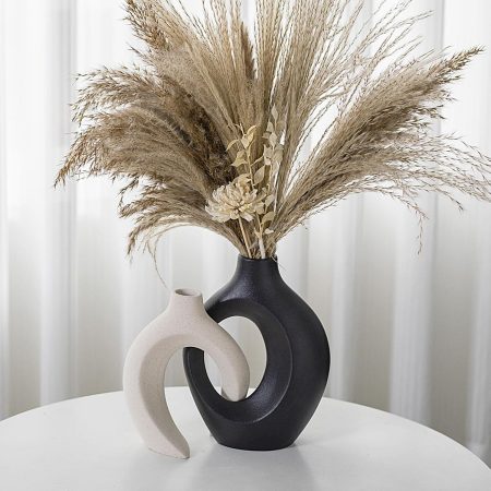 Black and Off-White Vases for Decor, Hollow Ceramic Vase Set of 2, Nordic Minimalist Aesthetic  Vases, for Table Centerpiece Dining Living Room Book Shelf Decoration (W 6.3" X H 8.4")