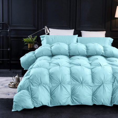 Pinch Pleat Waterfowl Feathers and Down Comforter Queen Size Duvet Insert,750+ Fill Power,1200TC 100% Cotton, Premium All Seasons Aqua-Sky Warm Hotel Comforter with 8 Tabs.