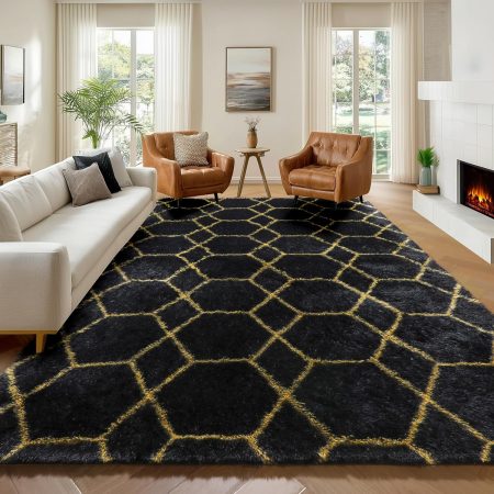 6x9 Area Rugs for Living Room Bedroom, Washable Large Fluffy Black and Gold Throw Rug, Geometric Soft Plush Shaggy Fuzzy Floor Carpet for Nursery Kids Girls Boys Teen Dorm Home Office Decor