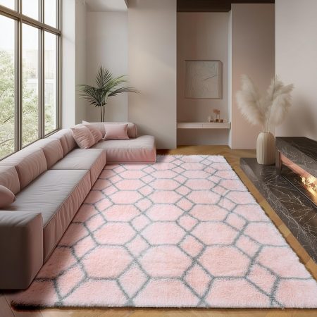 6x9 Area Rugs for Living Room Bedroom, Washable Large Fluffy Pink and Grey Throw Rug, Geometric Soft Plush Shaggy Fuzzy Floor Carpet for Nursery Kids Girls Boys Teen Dorm Home Office Decor