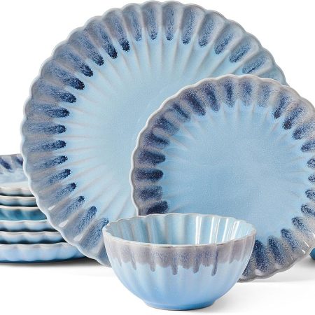 Scalloped Rim 12 Piece Plate Bowl Dinnerware Set, Service for 4