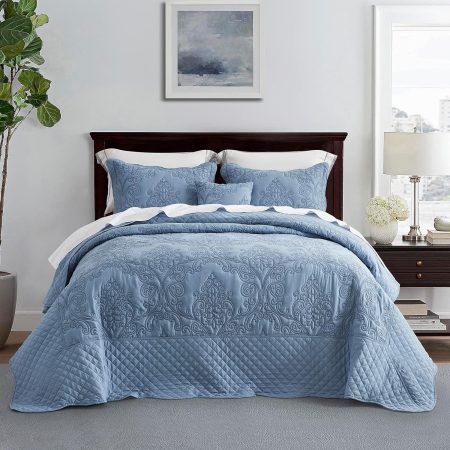 Oversized Bedspread Coverlet Set King Size - Lightweight Bedding Cover - Beautiful Stitching - 4 Piece Reversible Bedspread - Luxury Damask Paisley Pattern (King, Ashley Blue)