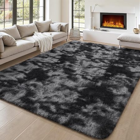 Fluffy Tie-dye Black Rugs for Living Room Bedroom 4x6, Soft Plush Fuzzy Shaggy Rugs for Kids Girls Boys Room Decor, Washable Indoor Floor Carpets