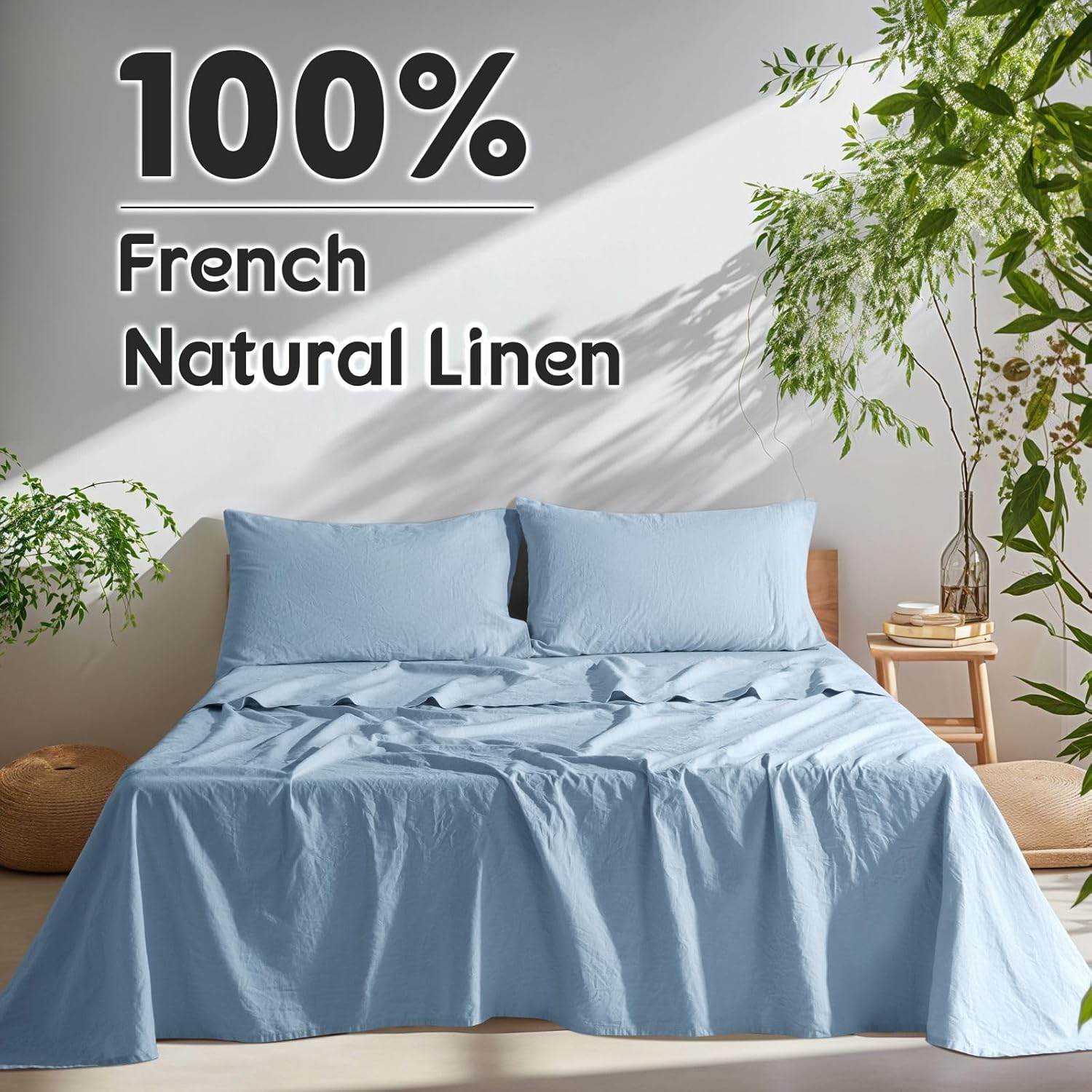 100% French Pure Linen Sheets, Breathable and Durable Line King Size Sheets, Anti-Tear Line Bed Sheets, Machine Washable, 16 Inch Deep Pocket - 4 Piece (Dusty Blue, King)