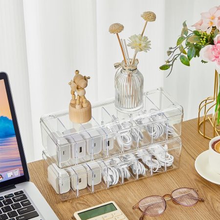 2 Pcs Cable Organizer with 20 Wire Ties and 2 Sort Stickers, Clear Plastic Cord Storage Box with Lid for Home Office Desk Organizers and Accessories