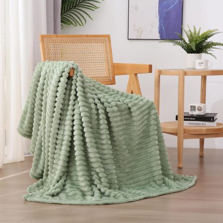Sage Green Fleece Throw Blanket 50????60?? for Couch Sofa Bed,Super Soft Cozy Plush Microfiber Flannel Blanket with Stripes Design Lightweight for Adults,Woman,Girls