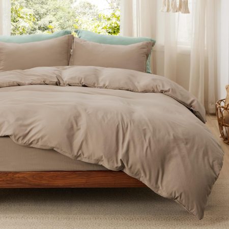 Duvet Cover Queen Size with Fitted Sheet - 4 Pieces Prewashed Cotton-Like Extra Soft Bedding Set, Includes 1 Duvet Cover 90x90 Inches, 2 Pillow Shams, 1 Fitted Sheet, Deep Beige