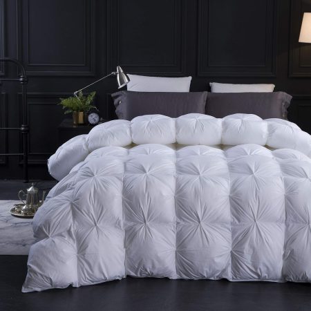 Queen Size Pinch Pleat Duck Feather Down Fiber Comforter - All-Season Down Duvet Insert Fluffy Baffle Box Design with 8 Corner Loops for Warmth and Softness.