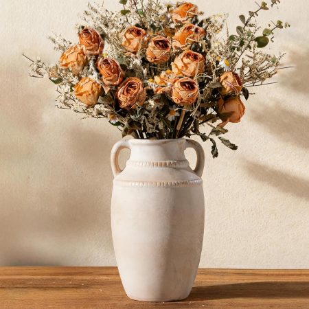 Beige Ceramic Vase with Handles, 10.5 Inch Boho Modern Aesthetic Textured Table Vases for  Home Decor Centerpieces (Cream Beige White)