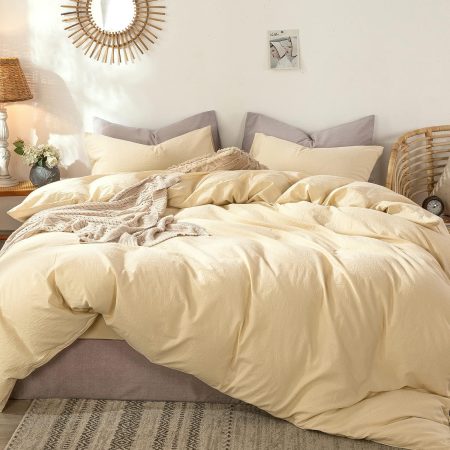 Bedding Duvet Cover Set 100% Washed Cotton Linen Like Textured Breathable Durable Soft Comfy (Heathered Light Yellow, Queen 90"x90")