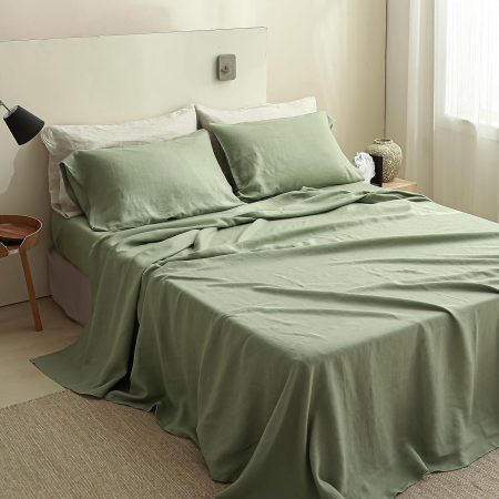 100% Linen Sheets Full Size Set, 4 Pcs Natural French Linen Bed Sheets, Breathable Soft Durable Bedding Set for All Season (Sage Green, Full)