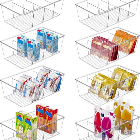 8 Pack Food Storage Organizer Bins, Clear Plastic Bins for Pantry, Kitchen, Fridge, Cabinet Organization and Storage, 4 Compartment Holder for Packets, Snacks, Pouches, Spice Packets
