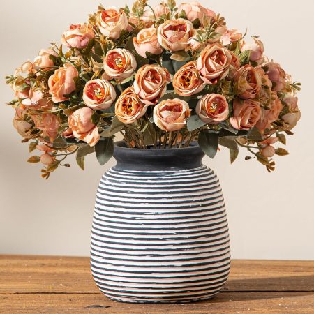 Ceramic Rustic Vase, Small Flower Farmhouse Vases Home Decor, 6?? Short Pottery Decorative Pampas Vase for Table Living Room Entryway Mantel Bookshelf Bedroom Bathroom Kitchen-Black