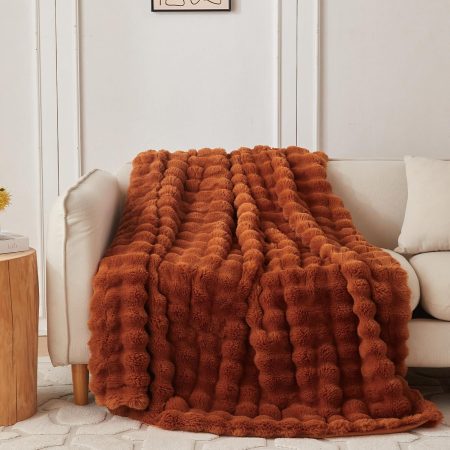 Faux Fur Throw Blanket for Couch, Cozy Soft and Fuzzy Plush Rabbit Fur Bubble Blanket for Sofa Bedroom Living Room, 50x60 Inches Brown