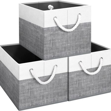 Storage Bins [3-Pack], Foldable Storage Baskets for Organizing Toys, Books, Shelves, Closet, Large Storage Box with Rope Handles, Sturdy Organizer Bins, White & Grey