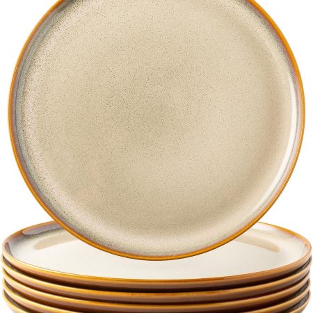 Ceramic Dinner Plates Set of 6, 10.5 Inch Reactive Glaze  Plates, Modern Shape Dinnerware Dishes Set for Kitchen,Microwave&Dishwasher&Oven Safe, Scratch Resistant-Khaki
