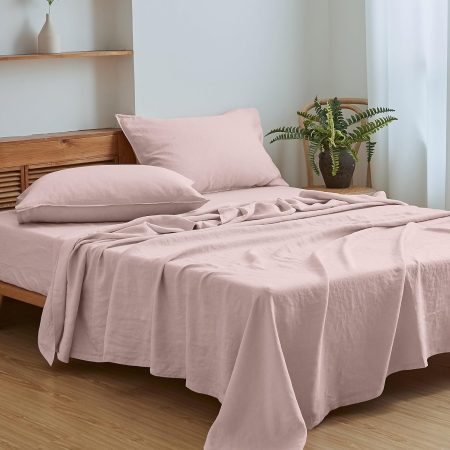 100% Linen Sheets Full Size Set, 4 Pcs Natural French Linen Bed Sheets, Breathable Soft Durable Bedding Set for All Season (Blush Pink, Full)