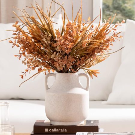 Ceramic Flower Vase with Handles, 8 inch Tall Off-White Vase, Decorative Terracotta Vases, Farmhouse Rustic Pottery Vases for Home Decor, Living Room, Table