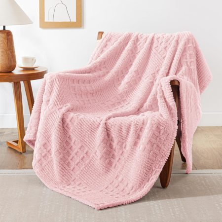 Fleece Throw Blanket for Couch or Bed - 3D Waffle Patchwork Pattern Jacquard Decorative Blankets - Cozy Soft Fuzzy Flannel Blanket Suitable for All Seasons(50"??60",Pink)
