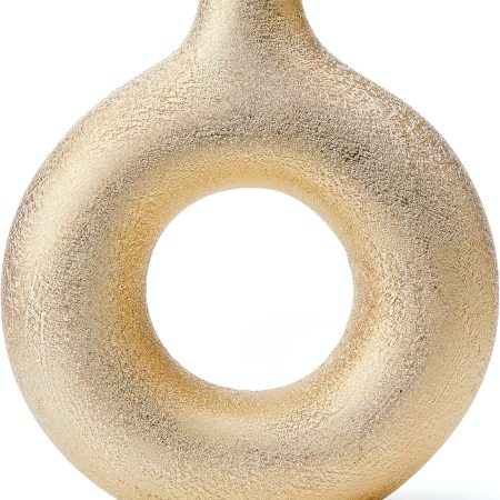 Gold with Texture Donut Hollow Ceramic Vase, Handmade Minimalist Boho ins Style, Modern Vase for Home Decor for Wedding Dinner Table Party Living Room Office Bedroom (Gold, Small)