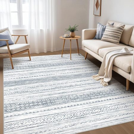 5x7 Area Rugs Living Room: Washable Boho Large Neutral Soft Farmhouse Rug Stain Resistant Modern Indoor Floor Non-Slip Carpet for Bedroom Nursery Kids Playroom Office Dining Dorm-White Blue