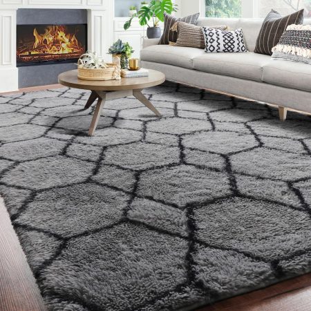 6x9 Area Rugs for Living Room Bedroom, Washable Large Fluffy Grey and Black Throw Rug, Geometric Soft Plush Shaggy Fuzzy Floor Carpet for Nursery Kids Girls Boys Teen Dorm Home Office Decor