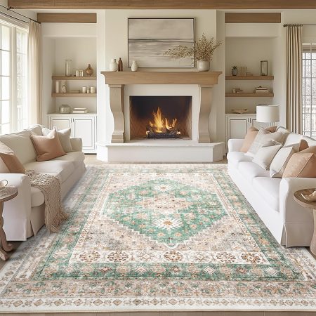 8x10 Area Rugs for Living Room,Non-Slip Backing Washable Rugs,Vintage Large Area Rug??Stain Resistant Home Decor Rug (Green/Brown,8'x10')
