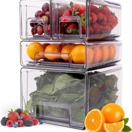4-Pack - Fridge Organizer Bins - Stackable Fridge Organization with Drawers, Water Collection Insert, Easy Access Refrigerator Organizers and Storage