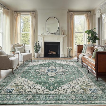 8x10 Area Rug, Washable Low-Profile Large Area Rug with Non-Slip Backing & Durable Edge Binding, Vintage Large Rugs for Living Room, Bedroom