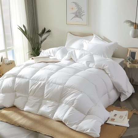 Goose Feather Down Fiber Comforter - Queen Size Duvet Insert, 100% Cotton Cover All Season Lightweight Comforter Ultra Soft Luxurious Hotel Bedding, 88??x88??