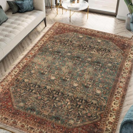 5x7 Rug - Machine Washable Area Rug with Non-Slip Backing, Ideal for Living Room, Dining Room, Bedroom - Vintage, Easy Clean, Durable, Low Pile Rug - (5' x 7')
