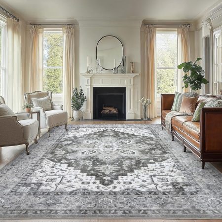 8x10 Area Rugs, Low-Profile Large Washable Area Rug with Non-Slip Backing & Durable Edge Binding, Vintage Rugs for Living Room, Bedroom, Dinning Room