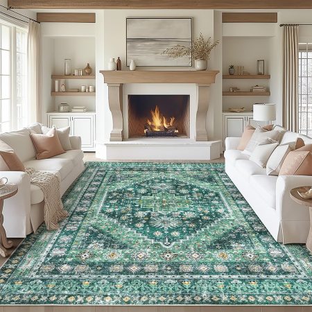8x10 Area Rugs for Living Room,Non-Slip Backing Washable Rugs,Vintage Large Area Rug??Stain Resistant Home Decor Rug(Green/Teal,8'x10')