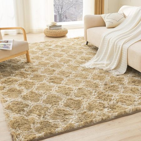 4x6 Geometric Shag Area Rug for Bedroom, Camel and White High Pile Ultra Soft Plush Shaggy Furry Bedside Playroom Dorm Carpet, Non-Slip, Non-Shedding Indoor Floor Rug