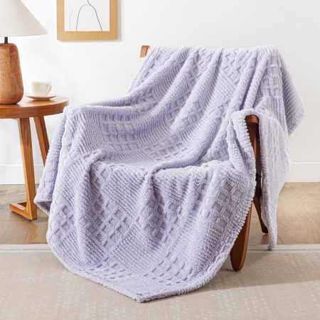 Fleece Throw Blanket for Couch or Bed - 3D Waffle Patchwork Pattern Jacquard Decorative Blankets - Cozy Soft Lightweight Fuzzy Flannel Blanket Suitable for All Seasons(50"??60",Light Purple)