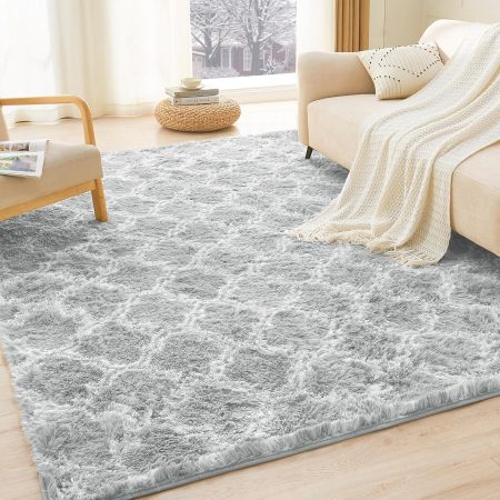 8x10 Geometric Shag Area Rug for Bedroom, Light Grey and White High Pile Ultra Soft Plush Shaggy Furry Bedside Playroom Dorm Carpet, Non-Slip, Non-Shedding Indoor Floor Rug