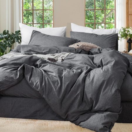 Bedding Duvet Cover Set 100% Washed Cotton Linen Like Textured Breathable Durable Soft Comfy (Heathered Dark Grey, Queen 90"x90")