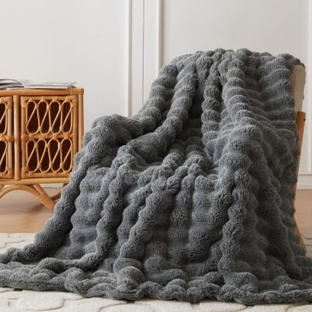 Faux Fur Throw Blanket for Couch, Cozy Soft and Fuzzy Plush Rabbit Fur Bubble Blanket for Sofa Bedroom Living Room, 50x60 Inches Cationic Light Grey