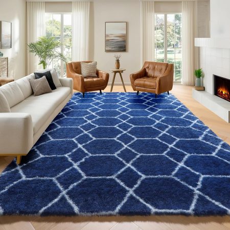 Large 6x9 Area Rugs for Living Room, Fluffy Geometric Navy and White Rug for Boys Bedroom Home Decor Aesthetic, Soft Shaggy Plush Floor Carpet for Girls Teen Nursery Playroom Office Dorm