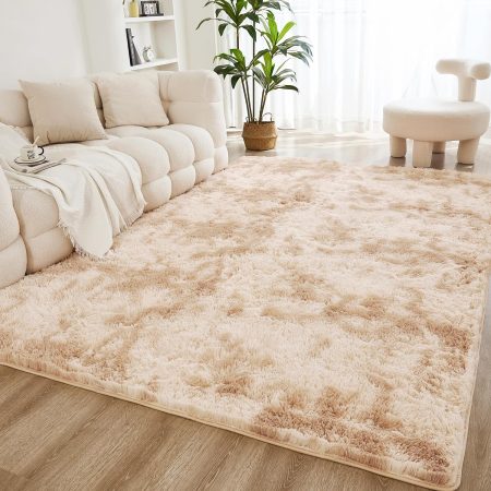 4x6 Shag Area Rug for Living Room Bedroom, Tie-Dyed Beige High Pile Soft Plush Shaggy Furry Cream Bedside Playroom Dorm Carpet, Non-Slip, Non-Shedding Modern Indoor Floor Rug