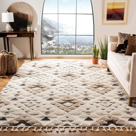 Moroccan Tassel Shag Collection Area Rug - 8' x 10', Ivory & Brown, Boho Design, Non-Shedding & Easy Care, 2-inch Thick Ideal for High Traffic Areas in Living Room, Bedroom